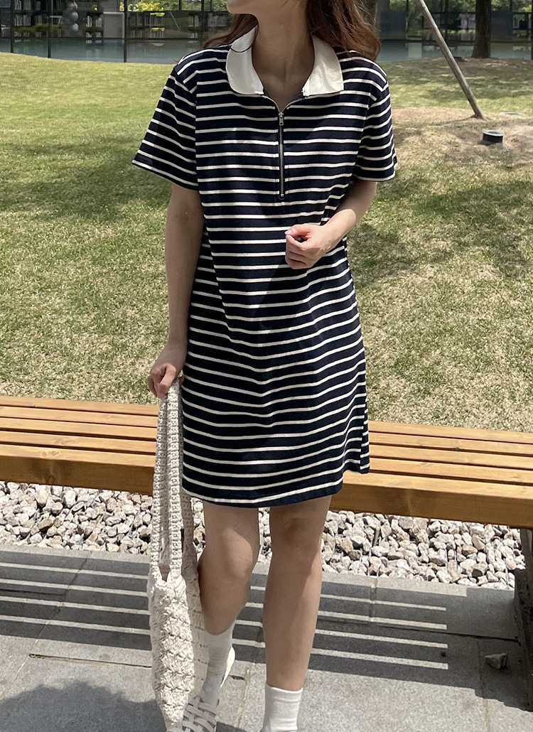 配色襟ハーフジップボーダーワンピース春夏秋カラーネックミニ ワンピース ミニ Www Man1klaten Sch Id