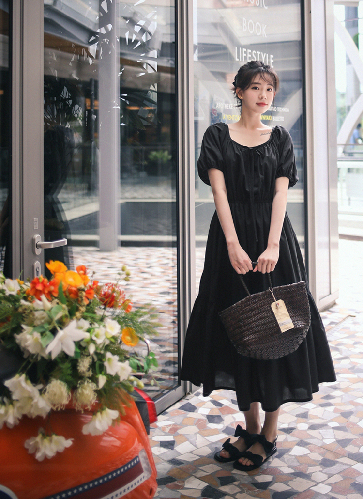 リボンネックティアードロングワンピース(black) | レディース