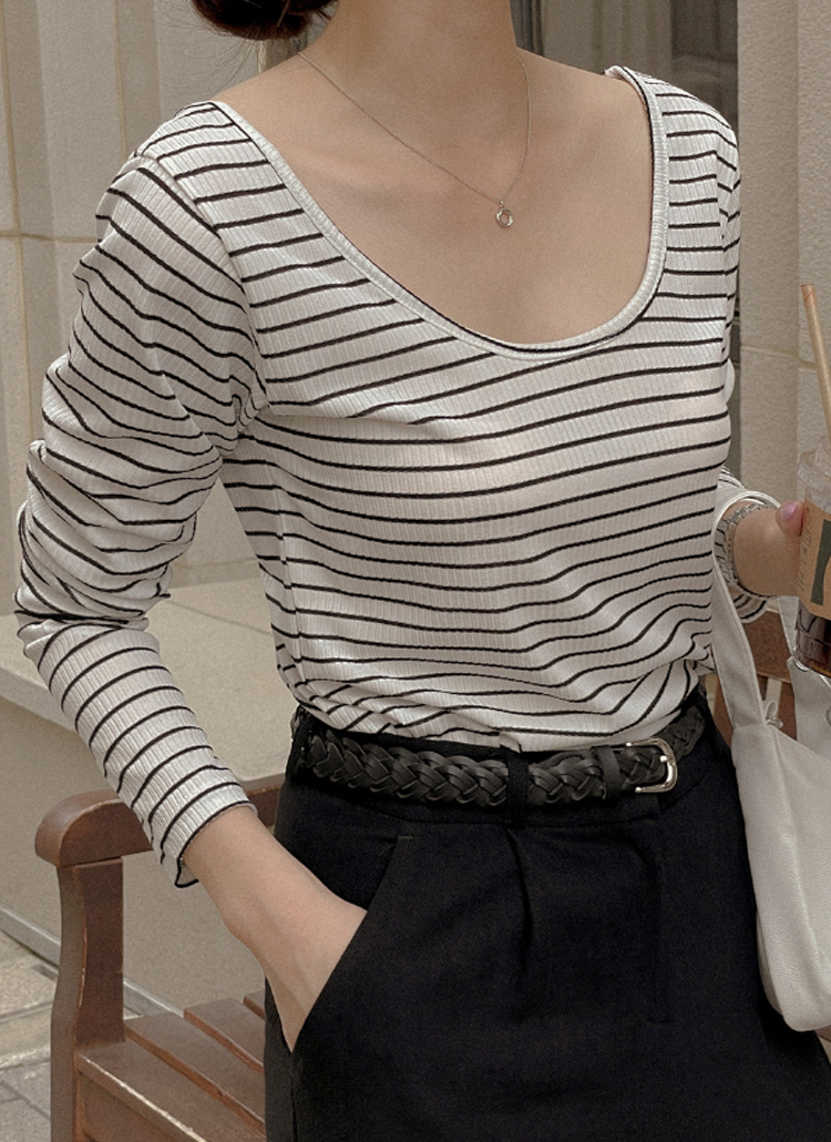 Uネックボーダーtシャツ P3938 トップス 長袖 7分袖tシャツ レディースファッション通販 Dholic ディーホリック
