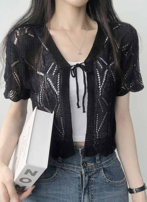 パンチングストラップ半袖カーディガン | レディースファッション通販
