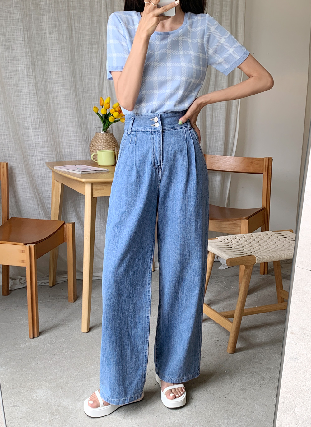 ツーボタンタックワイドデニムパンツ・全1色 | レディース