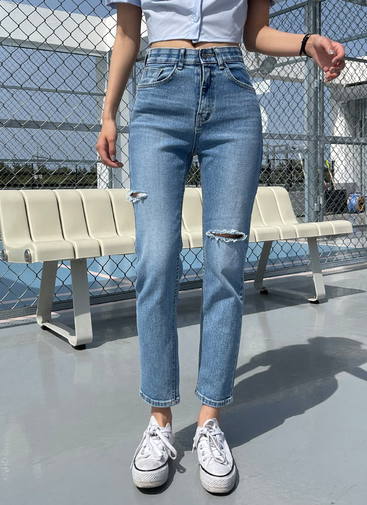 ダメージカットアウトストレートデニムパンツ P ジーンズ ストレートジーンズ レディースファッション通販 Dholic ディーホリック