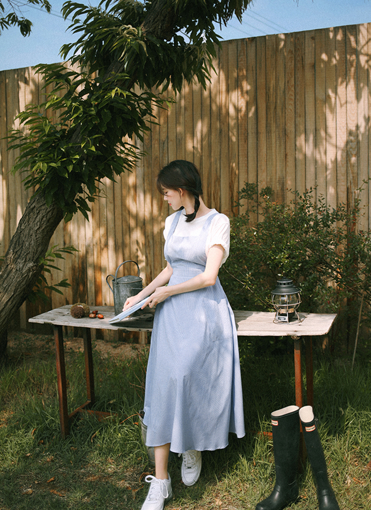 エプロン風ストライプデニムワンピース レディースファッション通販 Dholic 公式