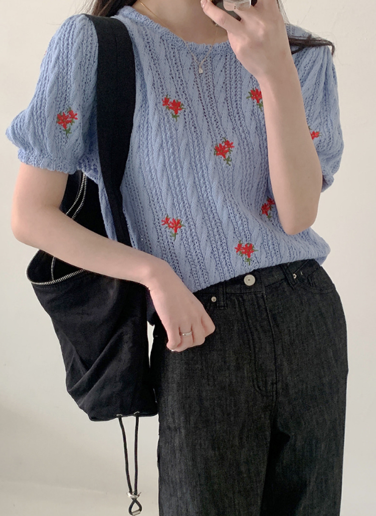 花刺繍透かし編みニット春夏秋半袖サマーニットシアーフラワーパターン花柄 ニット カーディガン ニット Minipoe ミニポエ ファッション総合通販 Dholic