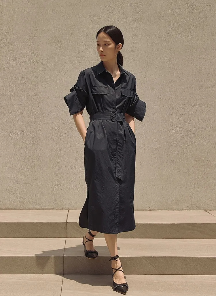 ベルト付ワイドカフスシャツワンピース(ネイビー) | レディース 