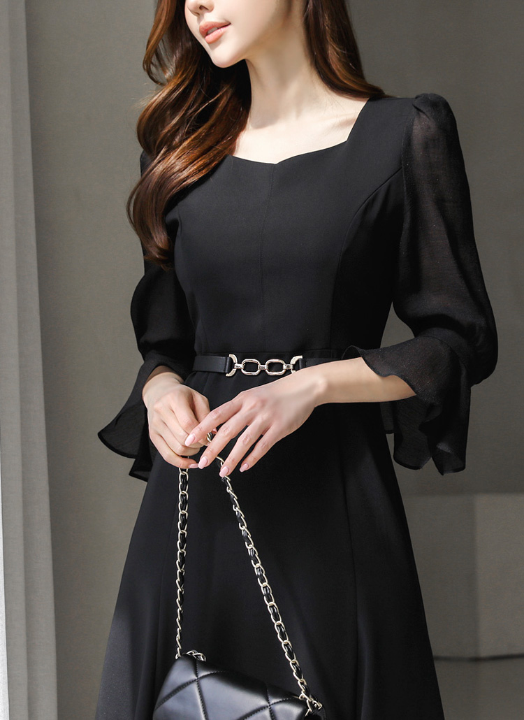 DHOLIC ベルト付シフォンスリーブオールインワン ブラック 黒 t00658 ベルト付シフォンスリーブオールインワン・全3色 | レディース