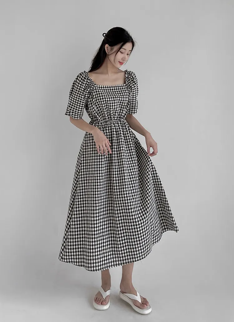 スクエアネックギンガムチェックワンピース | レディースファッション  