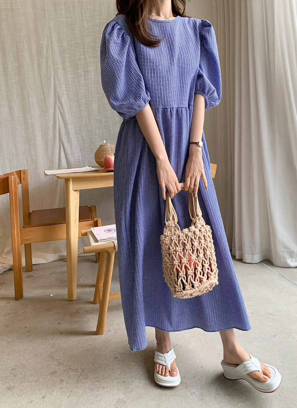 パフギンガムワンピース puffギンガム パフギンガムワンピース puff