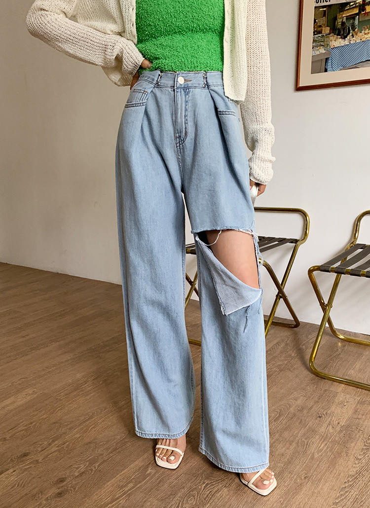 ワイドダメージホックデニムパンツ・全1色 | レディースファッション