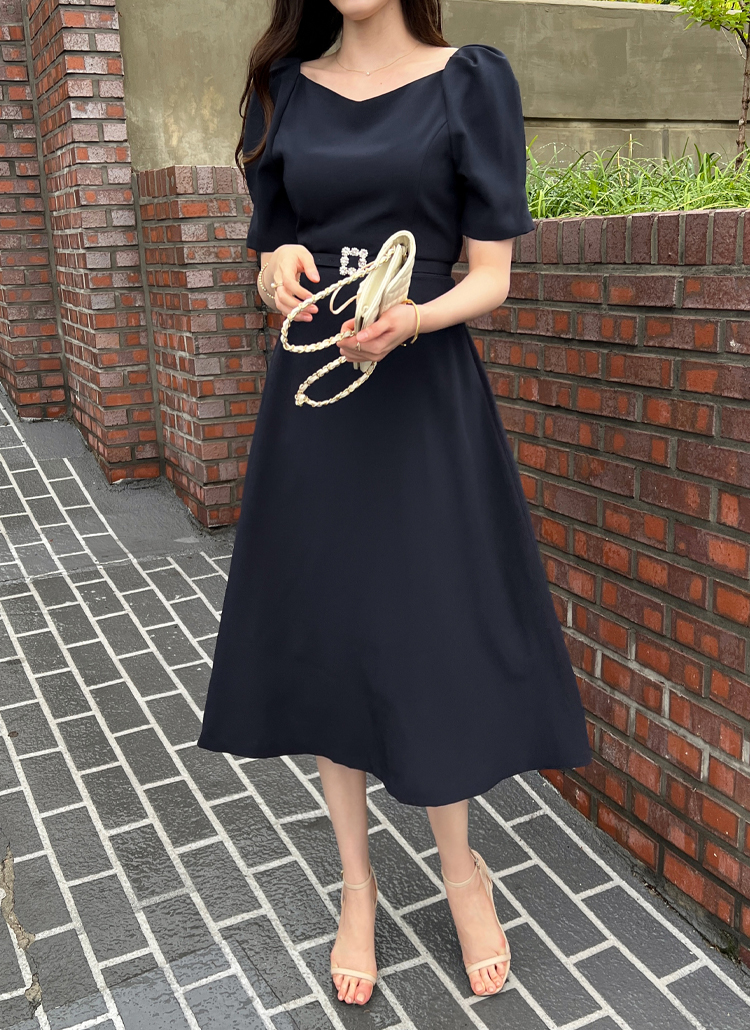 ベルト付パフ袖フレアワンピース レディースファッション通販 Dholic