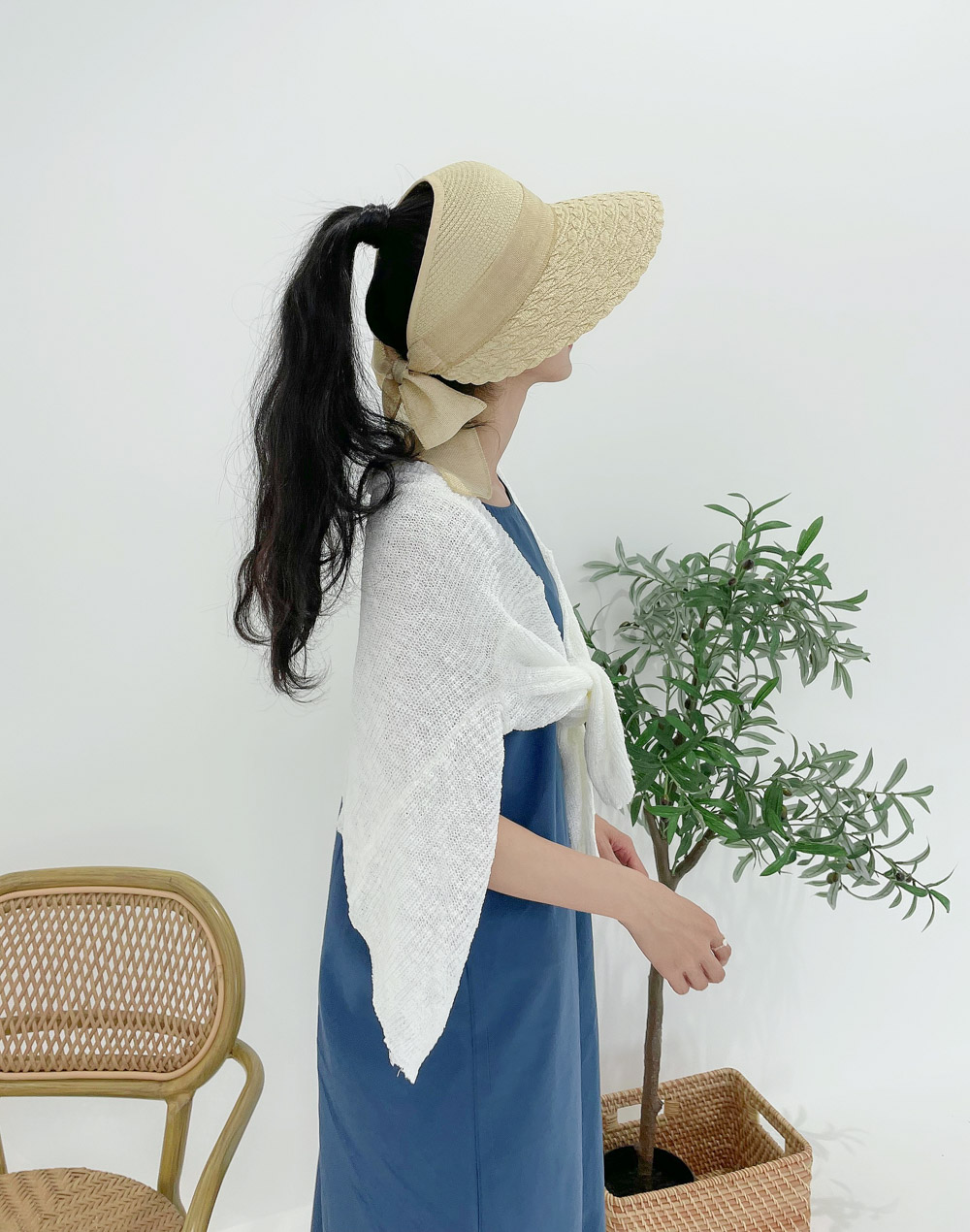 リボン付き麦わらサンバイザー | レディースファッション通販