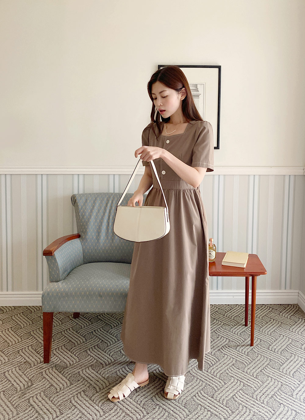 ステッチスクエアネックワンピース・全3色 | レディースファッション