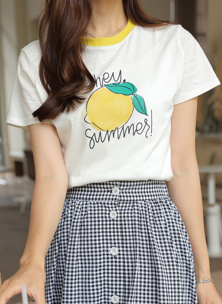 配色ネックレモン半袖Tシャツ | レディースファッション通販