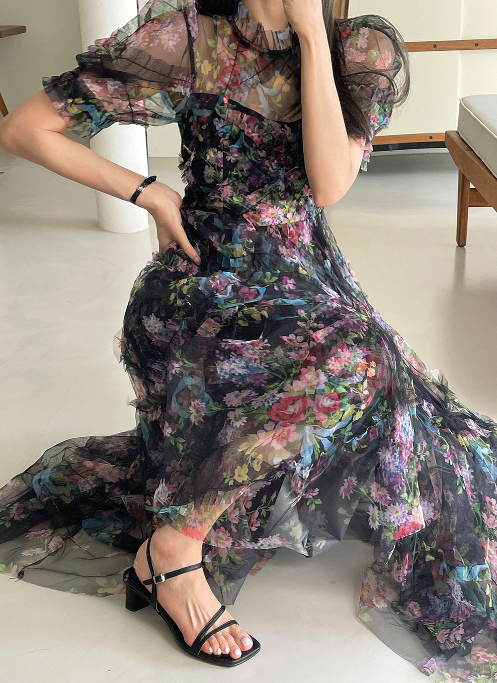 美品 ブルーガール ブルマリン 花柄 ワンピース シルク 花柄