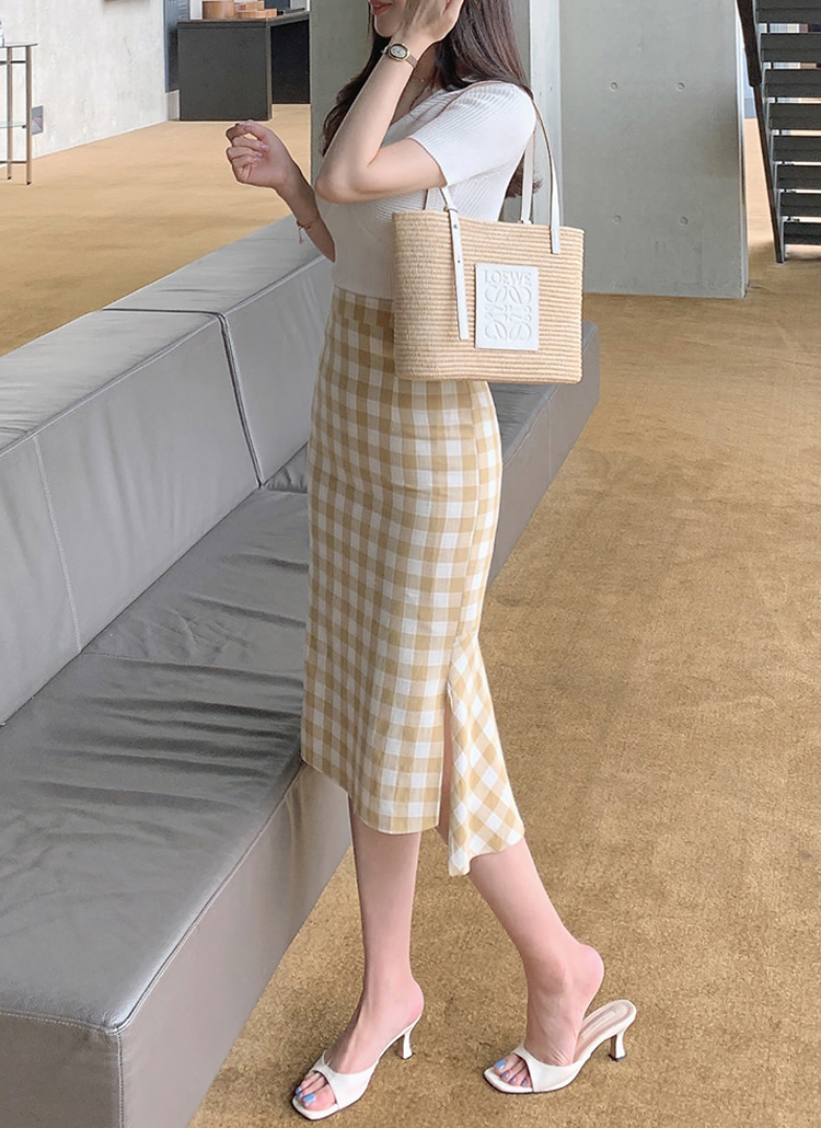 フリルヘムチェックスカート春夏秋スリムフィットサイドスリットハイウエストタイトマーメイドフレア スカート ロング Citynwoman シティウーマン ファッション総合通販 Dholic