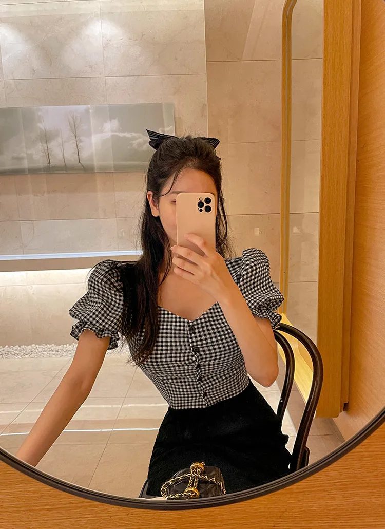 新品未使用】HEIHEI パフスリーブフリルブラウス ギンガムチェック  