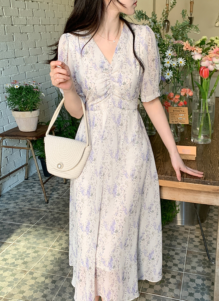 シャーリングシフォンフラワーワンピース | レディース