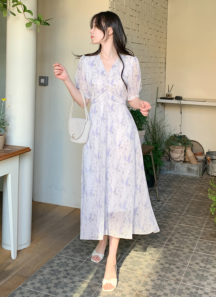 シャーリングシフォンフラワーワンピース | レディース