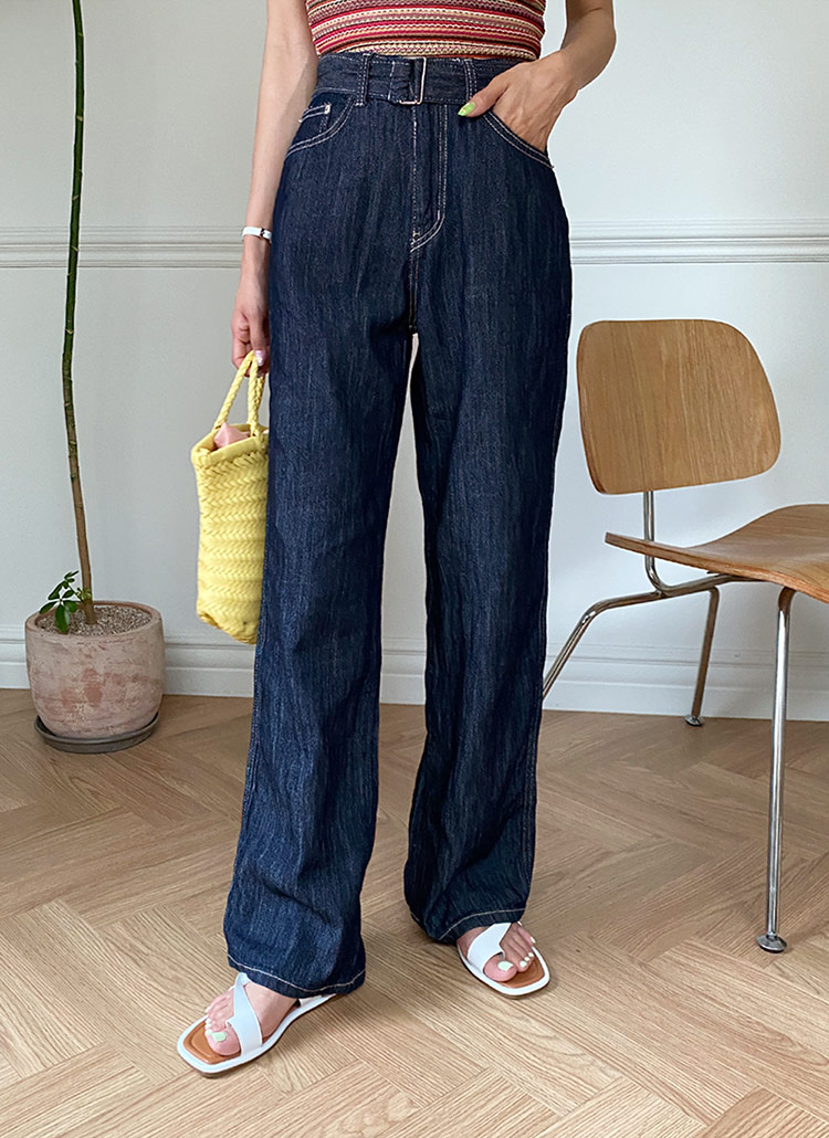 ベルト付ワイドデニムパンツ 全1色 レディースファッション通販 Dholic