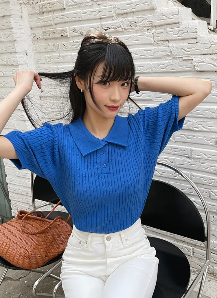 カラーネックブルー半袖ニット | レディースファッション通販 - DHOLIC
