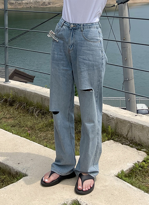 ダメージ加工ライトブルーデニムパンツ KOEISTORE デニムパンツ レディース 春 夏 春夏 ダメージパンツ