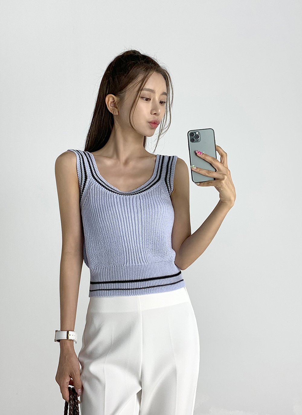 レディース ライン ノースリーブニット ノースリーブスリーブニットトップス – weMALL