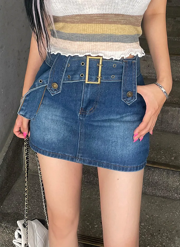 ワイドベルト付デニムスカートパンツ | レディースファッション通販 