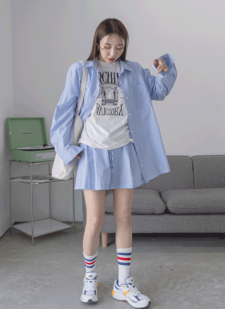 長袖ストライプシャツ&ショートパンツSET | レディースファッション