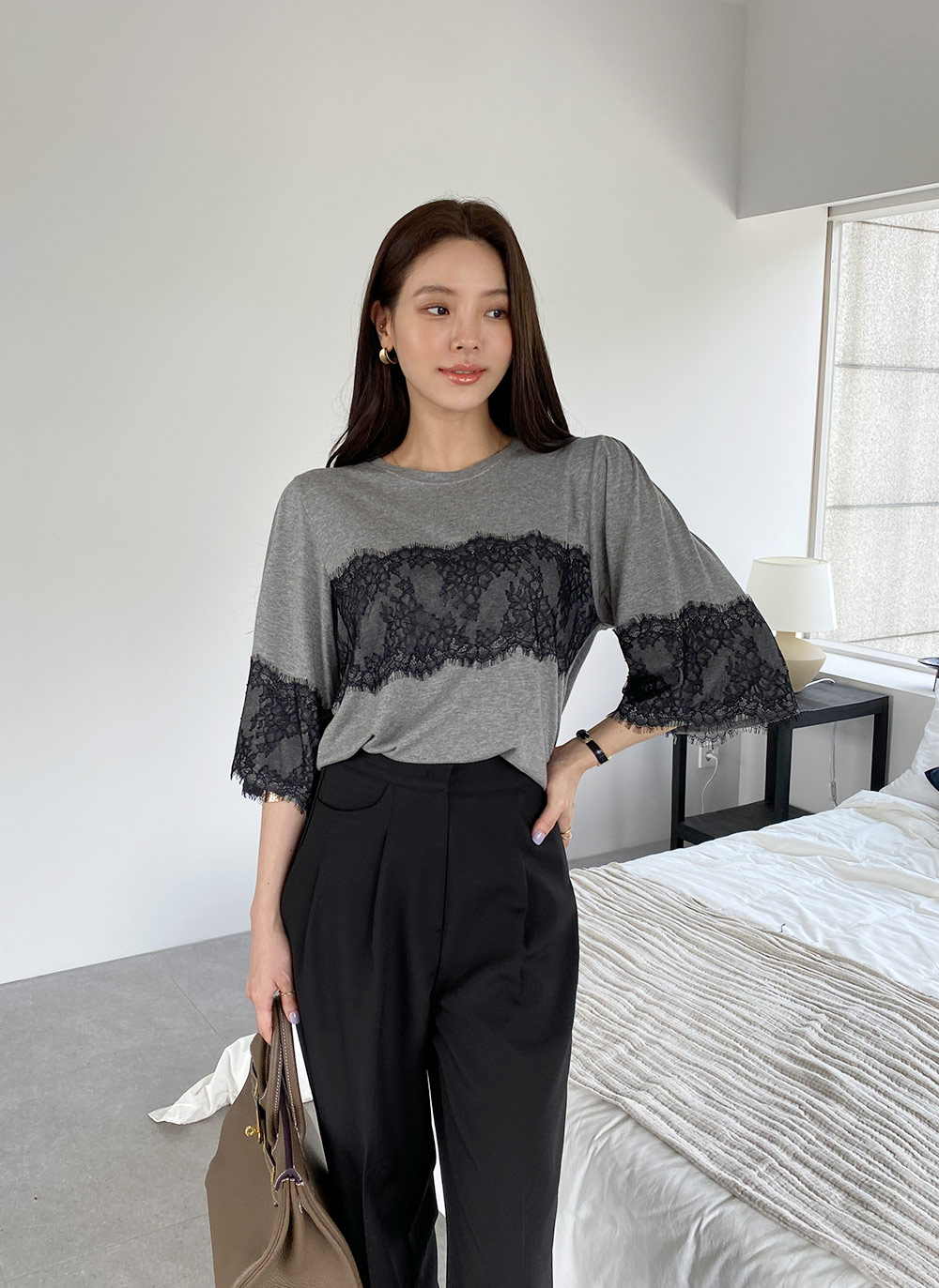 セール！国内配送★ルージュ リブ編 ストレッチ レース Tシャツ ヨガウェアブランド｜[Loopa] ルーシュ ロング Tシャツ Yoga