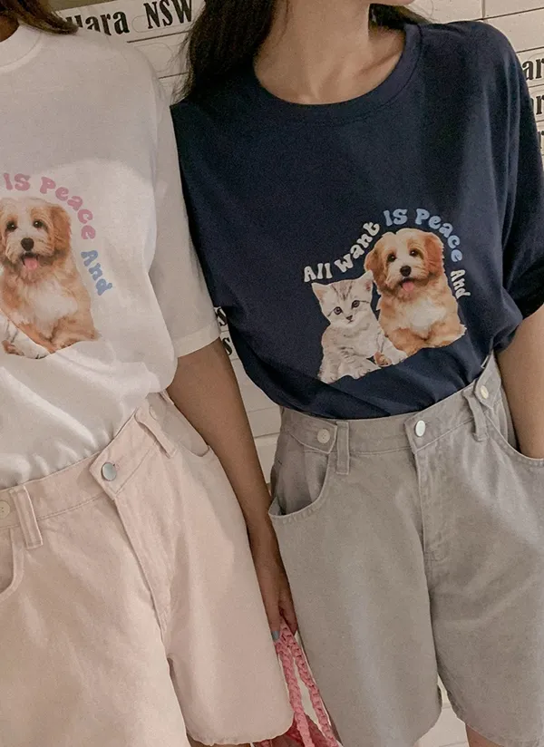 Dog&Catプリント半袖Tシャツ | qnigirls | 詳細画像1