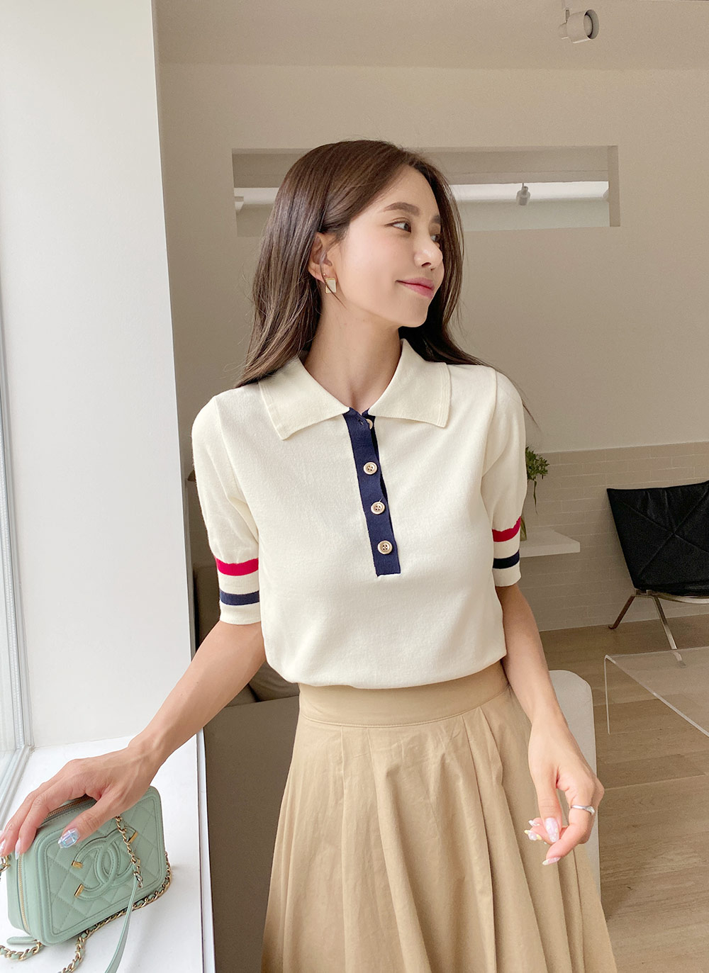 トリコロールポロカラーニット | レディースファッション通販