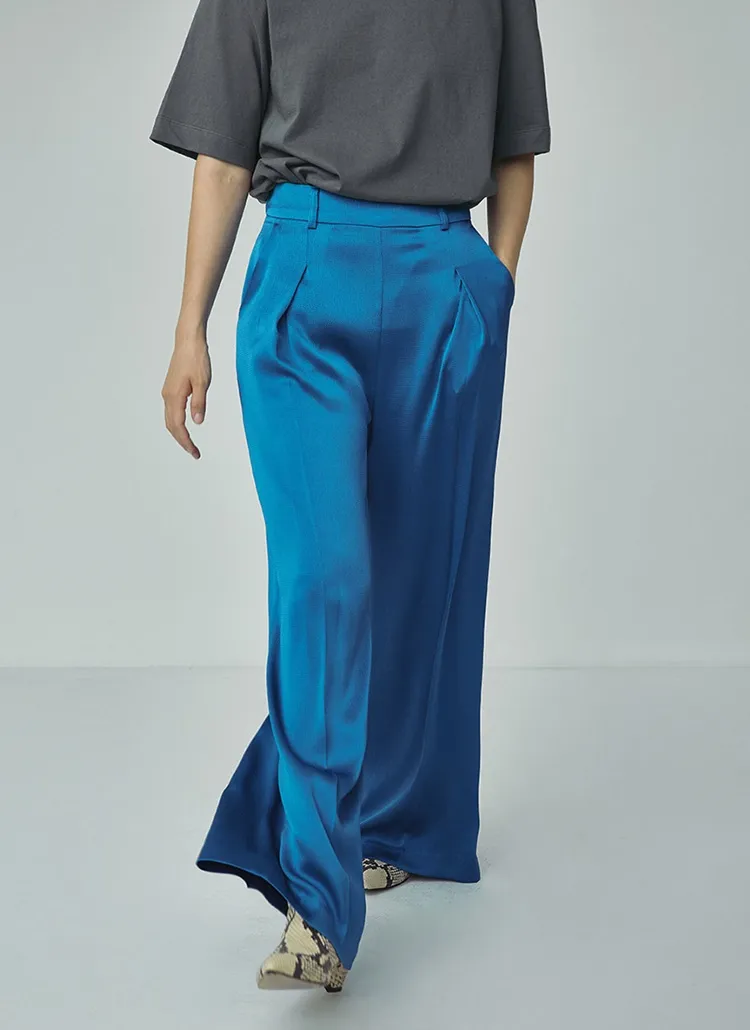 サテン風ワイドパンツ(ブルー) | レディースファッション通販 - DHOLIC 