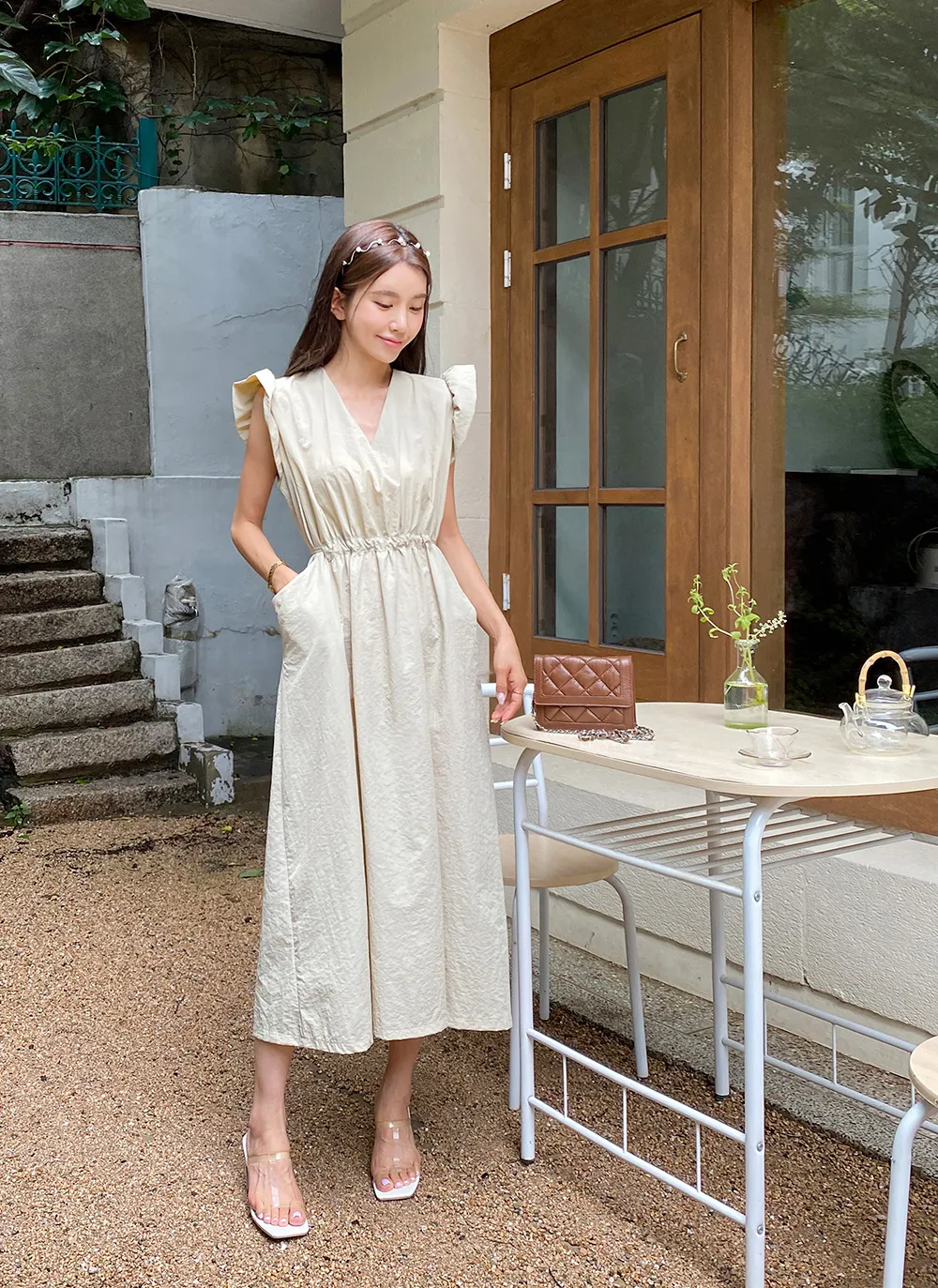 ウエストりぼん付きポケットパール装飾ダブルフェイスコーディガン  