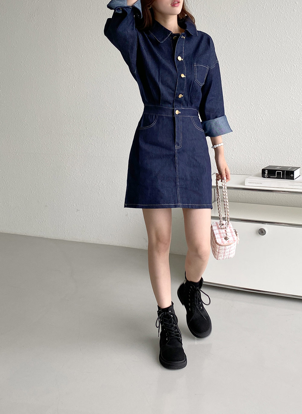 デニムシャツミニワンピース・t01654 【コンビニ受取対応商品】 SALE!【NEW】Spring!ウエストリボンデニムトップス Tシャツ/カットソー(七分/長袖)