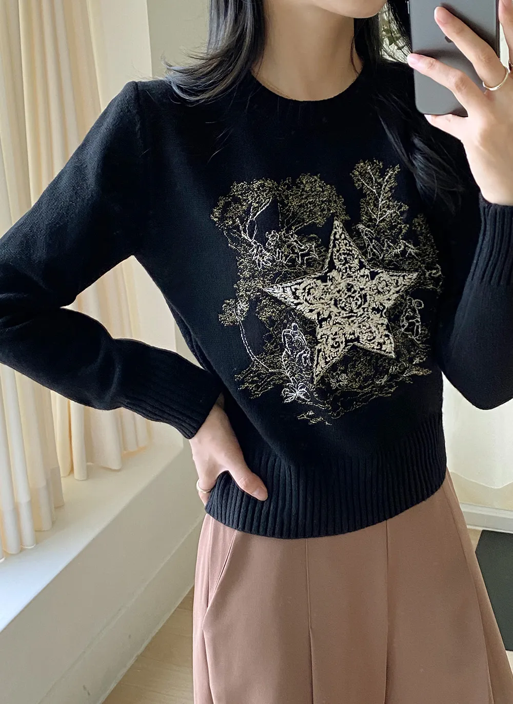 スター刺繍ラウンドネックニット | レディースファッション通販 - DHOLIC