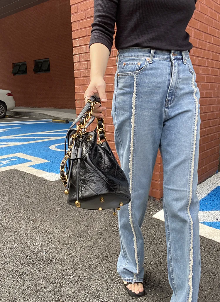 センターフリンジストレートデニムパンツ | レディースファッション 