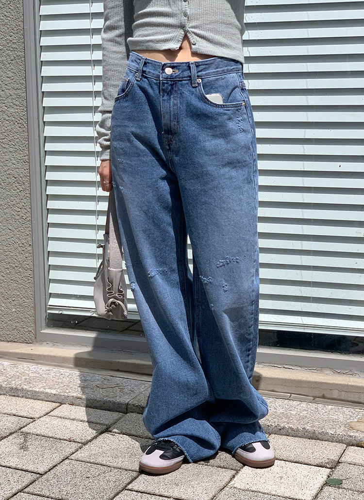 ダメージポイントワイドデニムパンツ | レディースファッション通販