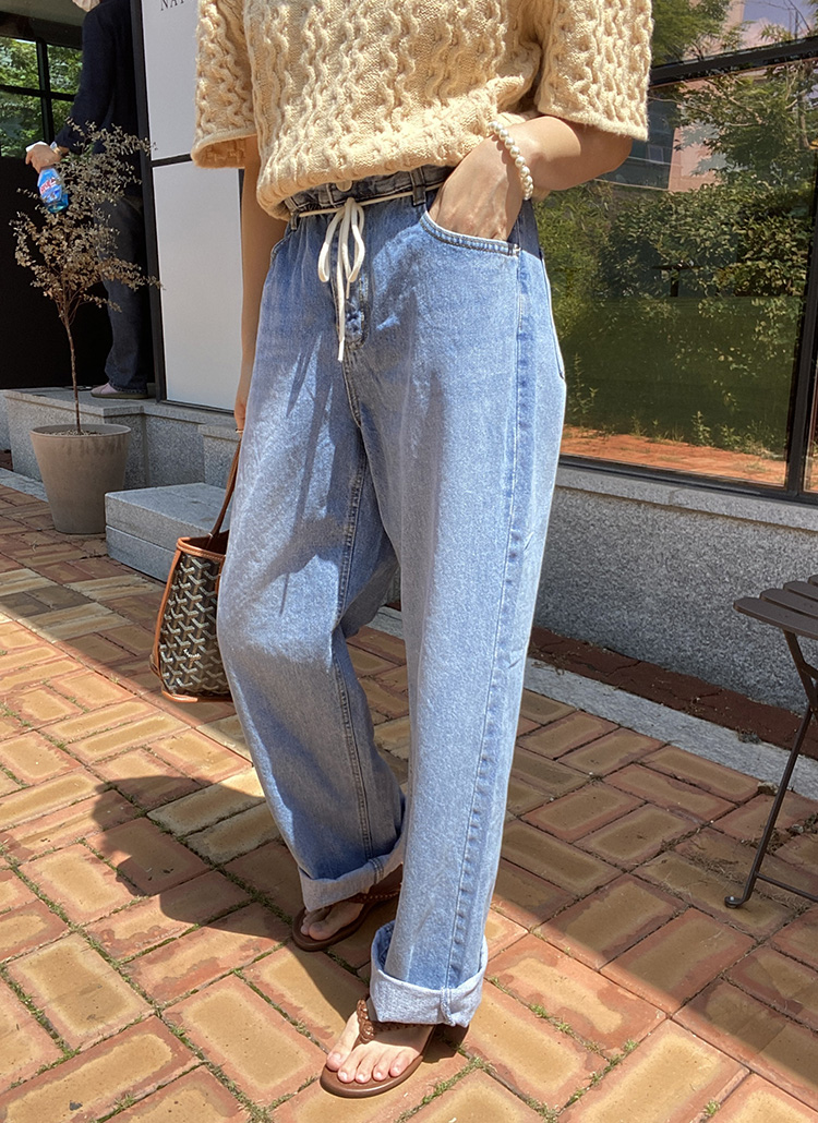 ストラップ付ウエストゴムワイドデニムパンツ レディースファッション通販 Dholic