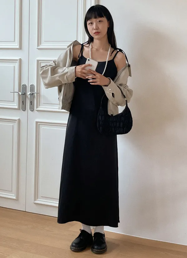 リボンショルダーサテンキャミワンピース | レディースファッション  