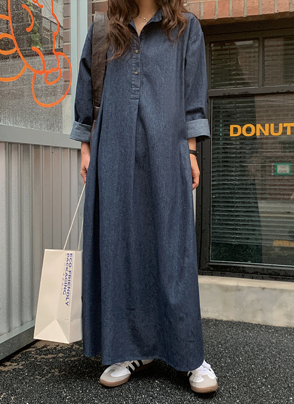 ハーフボタンデニムロングシャツワンピース | レディース