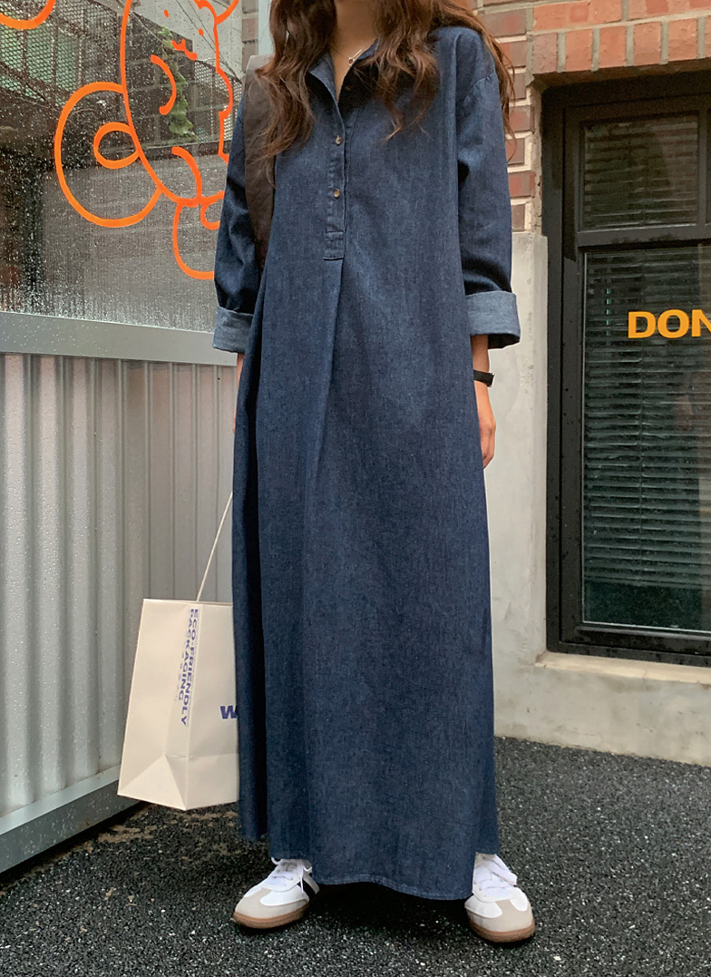 ハーフボタンデニムロングシャツワンピース | レディースファッション