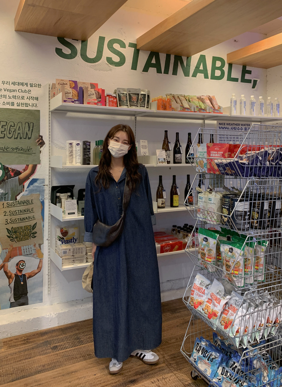 ハーフボタンデニムロングシャツワンピース | レディースファッション