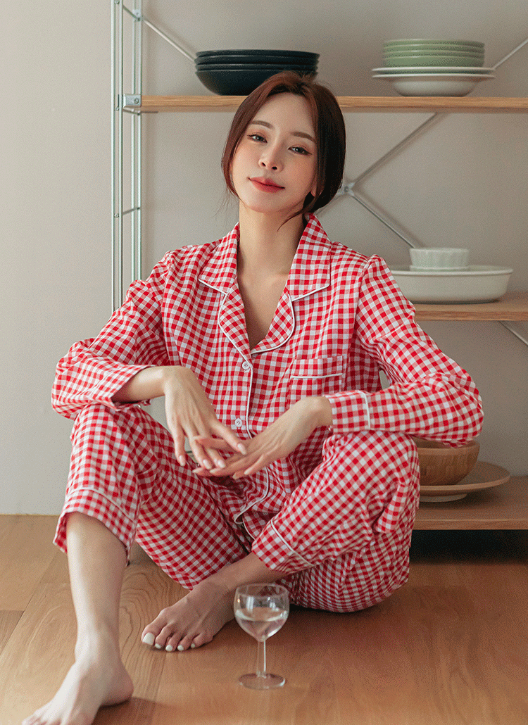 カラーネックギンガムチェックパジャマ上下SET | レディース