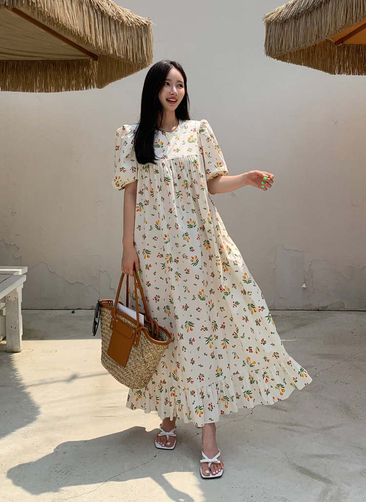 パフ袖フラワーロングワンピース レディースファッション通販 Dholic 公式