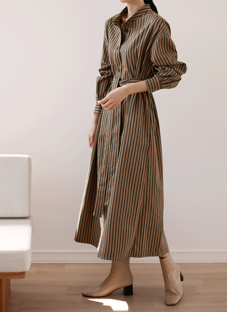 美品✨️ティッカ ストライプシャツワンピース ロング バンドカラー ブラウン 美品△TICCA ティッカ//バンドカラーシャツワンピース