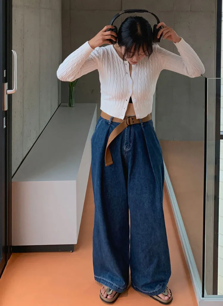 ベルト付ピンタックワイドデニムパンツ | レディースファッション通販 