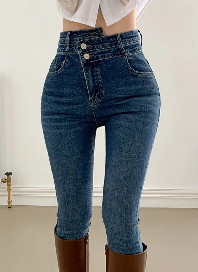 アンバランスウエストスキニーデニムパンツ | レディースファッション 
