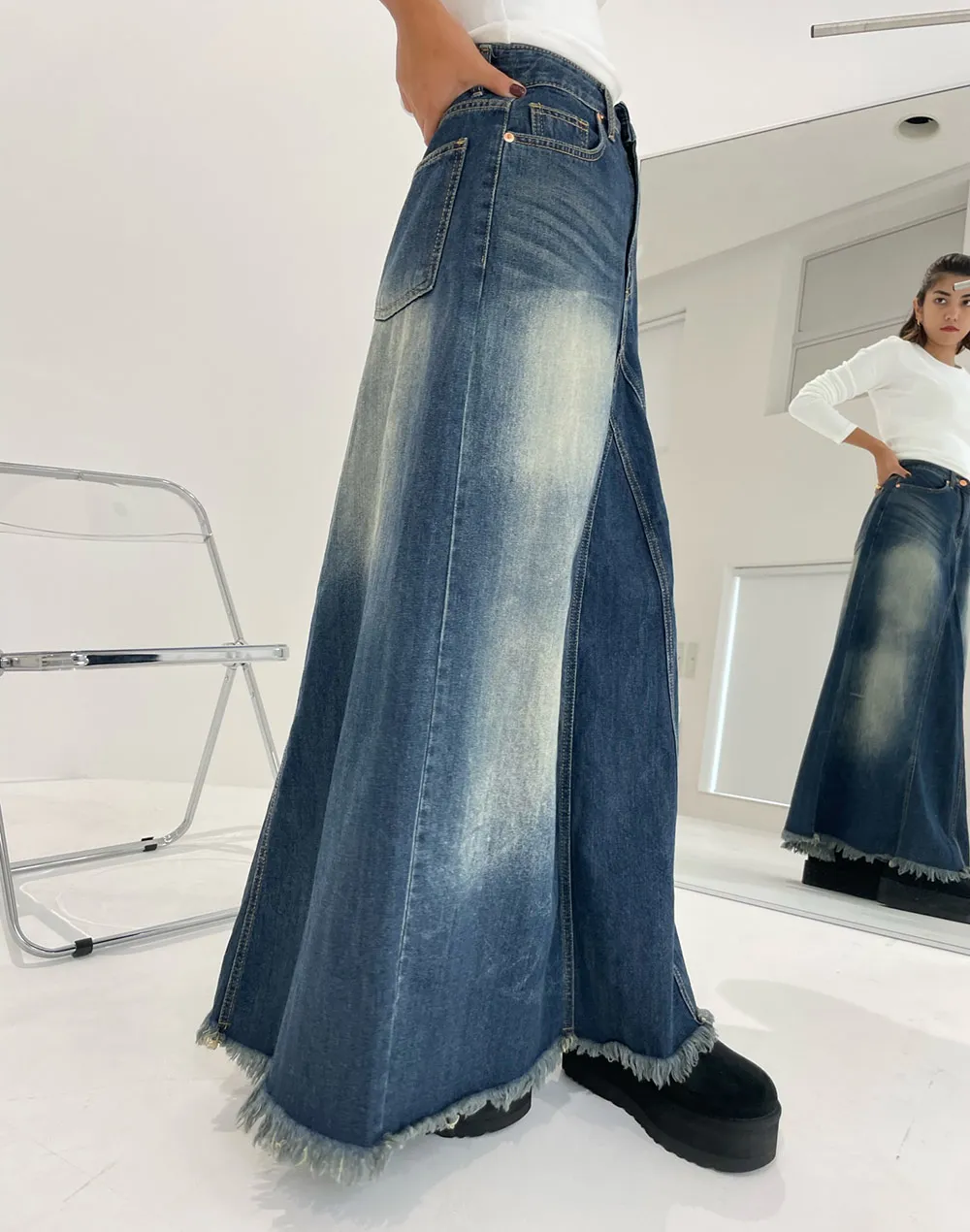 フリンジデニムロングスカート | レディースファッション通販 - DHOLIC 
