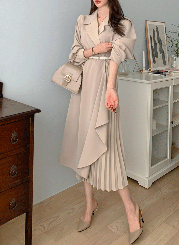 ベルト付クロスカラープリーツワンピース | レディースファッション