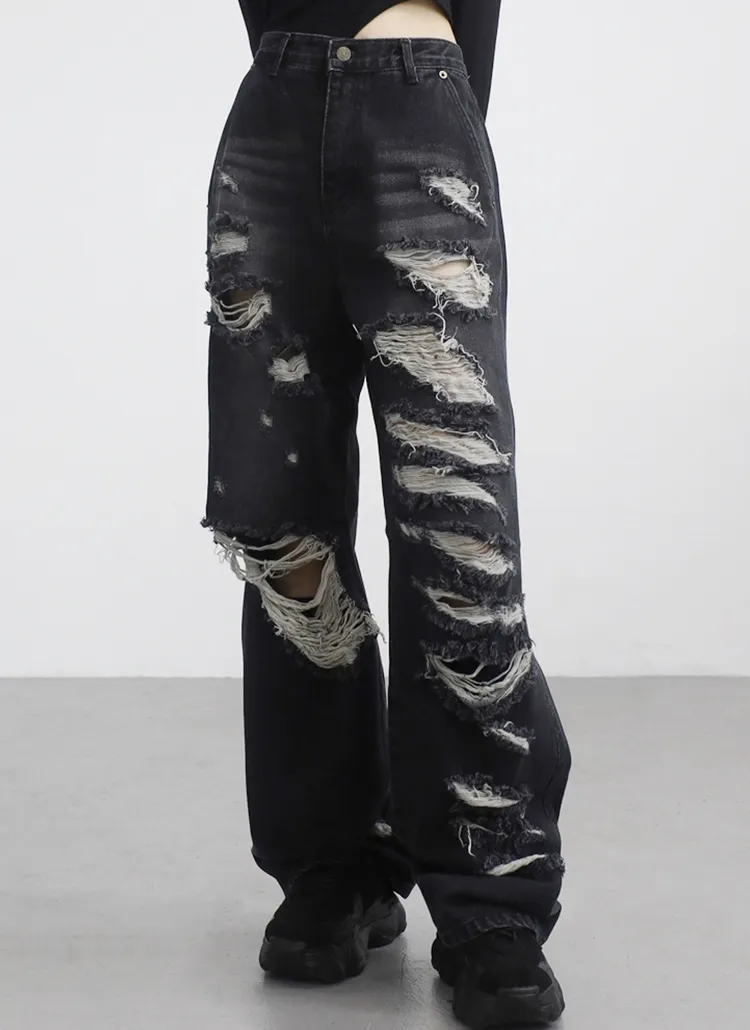 ダメージクラッシュブラックワイドデニムパンツ | レディース  
